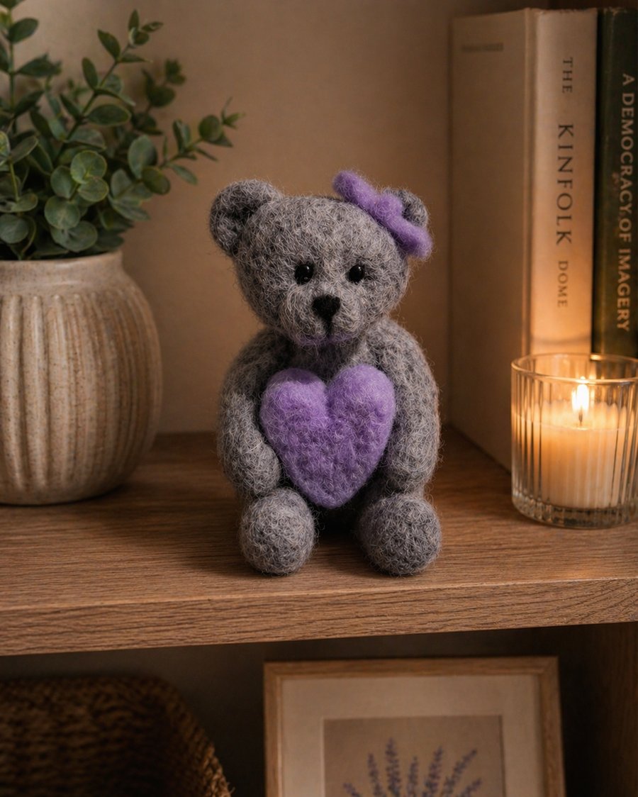 handmade needle felted teddy bear holding heart