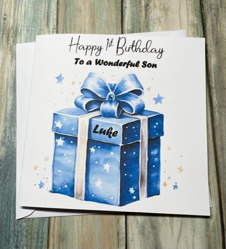 Birthday Card For Boy or Girl Blue Present Happy Birthday Card Son Grandson Neph