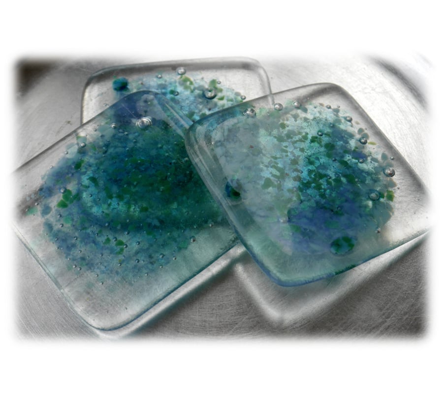 2 Fused Glass Coasters Frit Decorated Turquoise