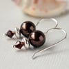 Dark Brown Pearl Earrings - Swarovski Crystal - Sterling Silver