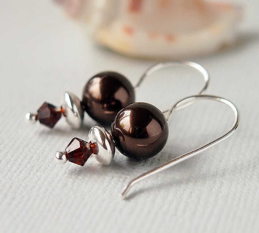 Dark Brown Pearl Earrings - Swarovski Crystal - Sterling Silver