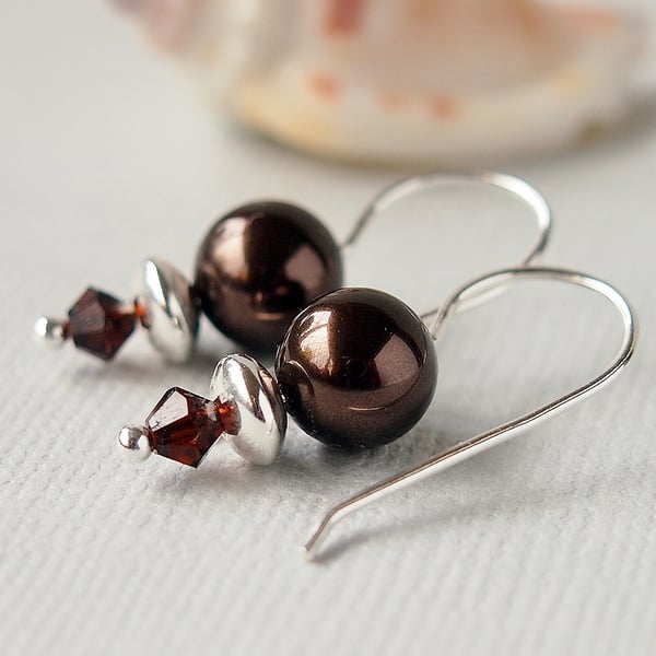 Dark Brown Pearl Earrings - Swarovski Crystal - Sterling Silver