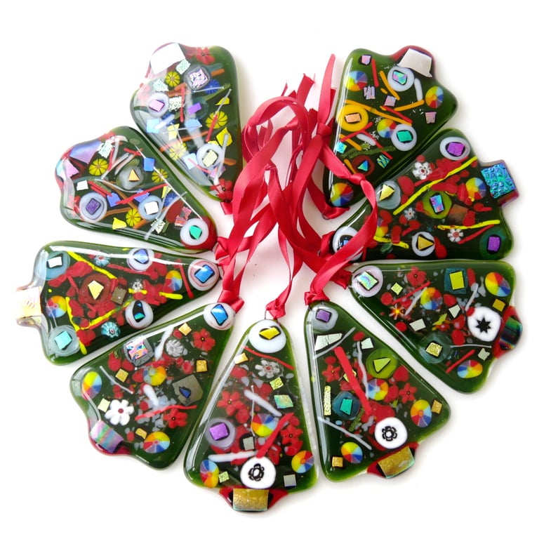 Christmas Tree Fused Glass Hanging Decoration 9cm Dichroic 