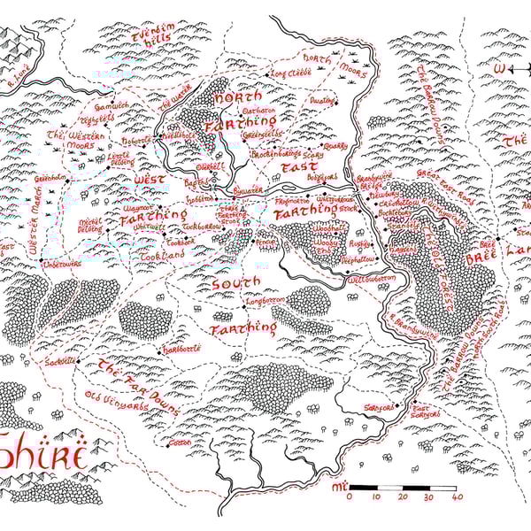 Map of The Shire Hand Drawn Tolkien Style Map Artwork
