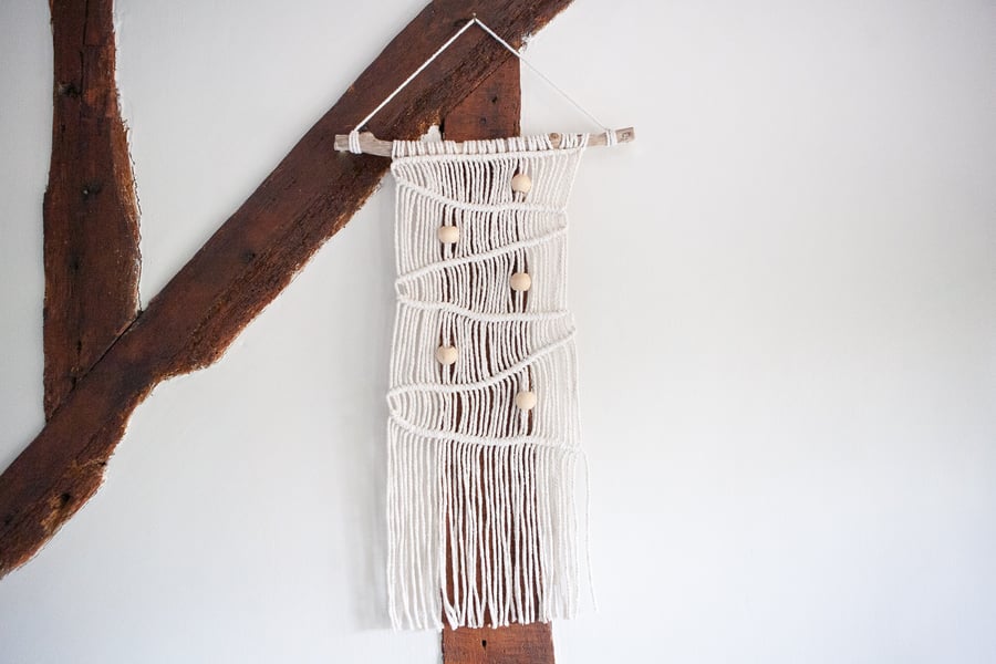 Medium Macrame Knotted Wall Hanging with Wooden Beads. Boho Wall Decor