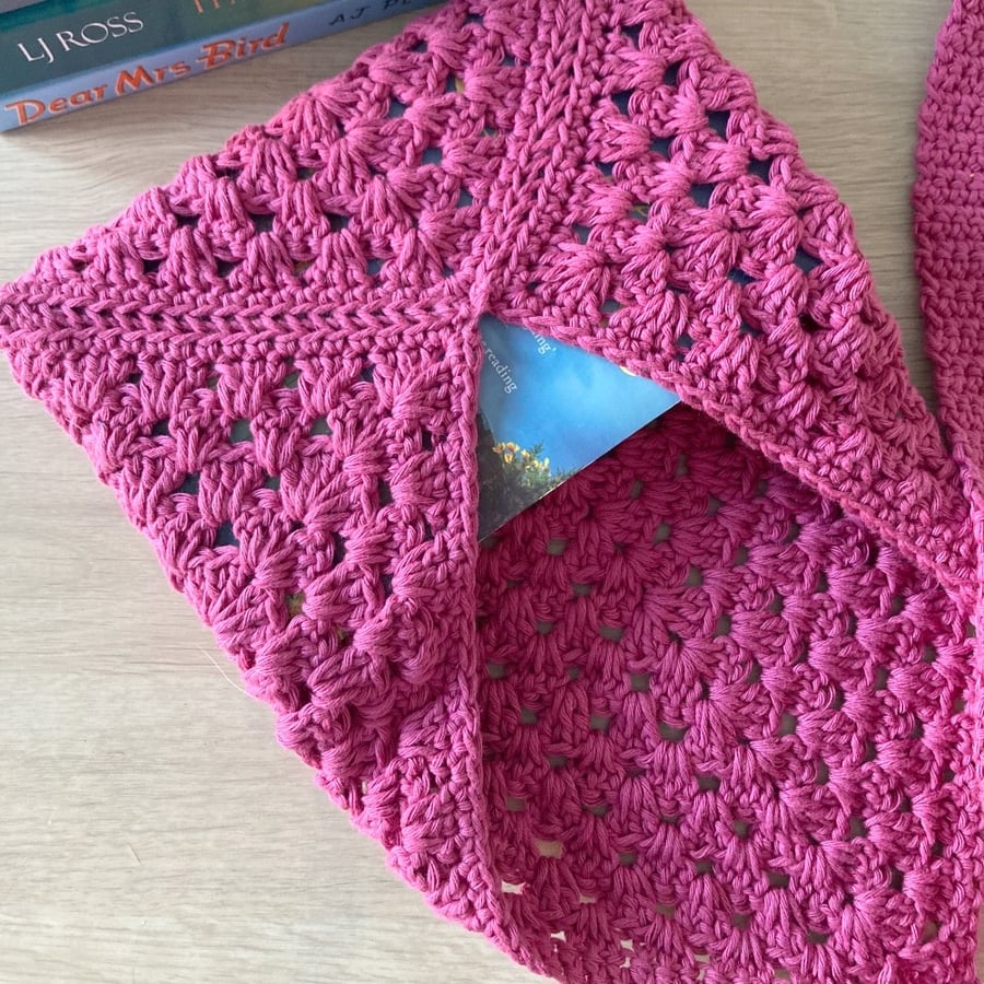 Granny Square Book Sleeve - Book Wrap -  Dark Pink Crocheted Book Sleeve
