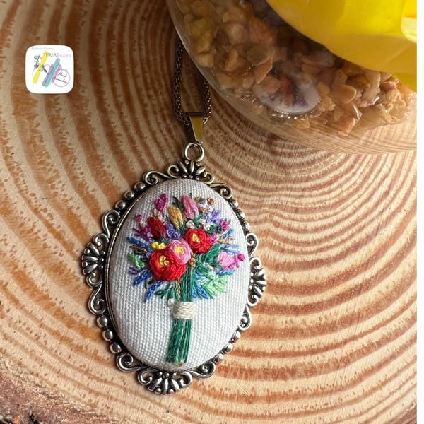 Hand embroidered pendant, embroidery jewellery, oval pendant, floral bouquet des