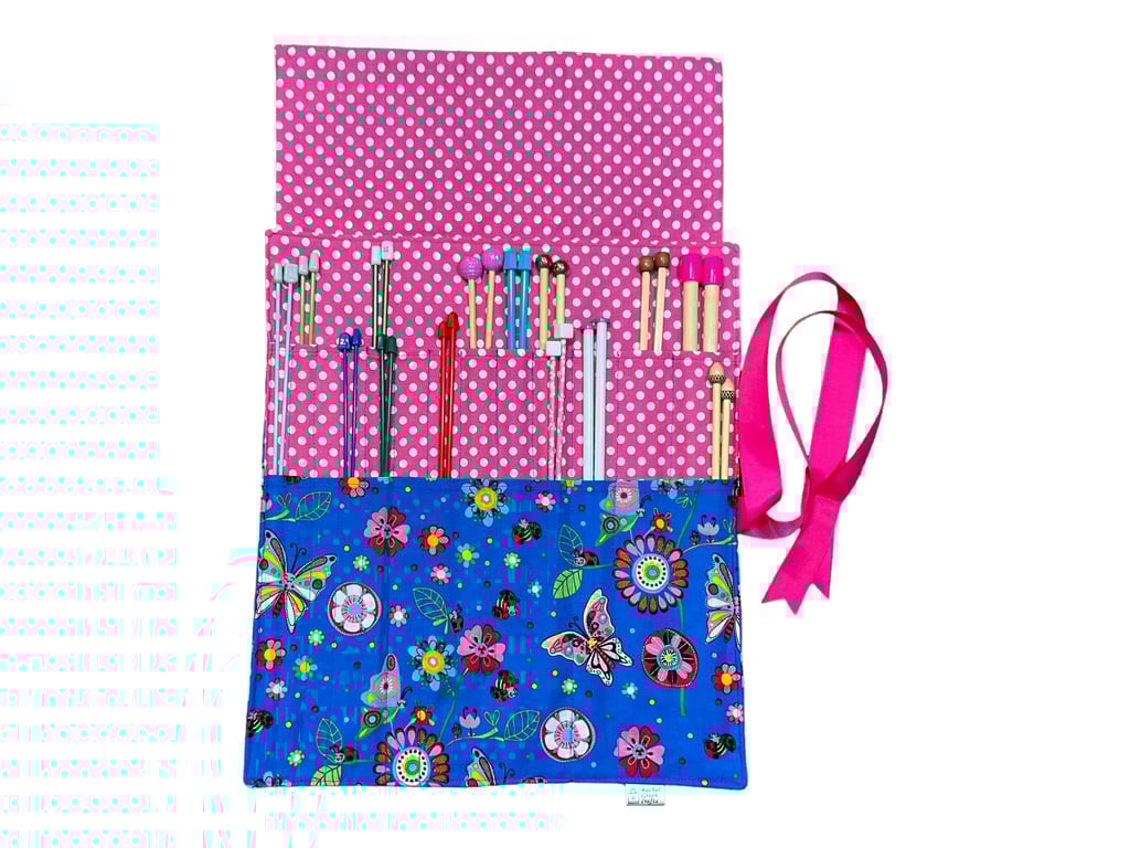 Straight knitting needle case with Butterflies, ladybird needle roll, 