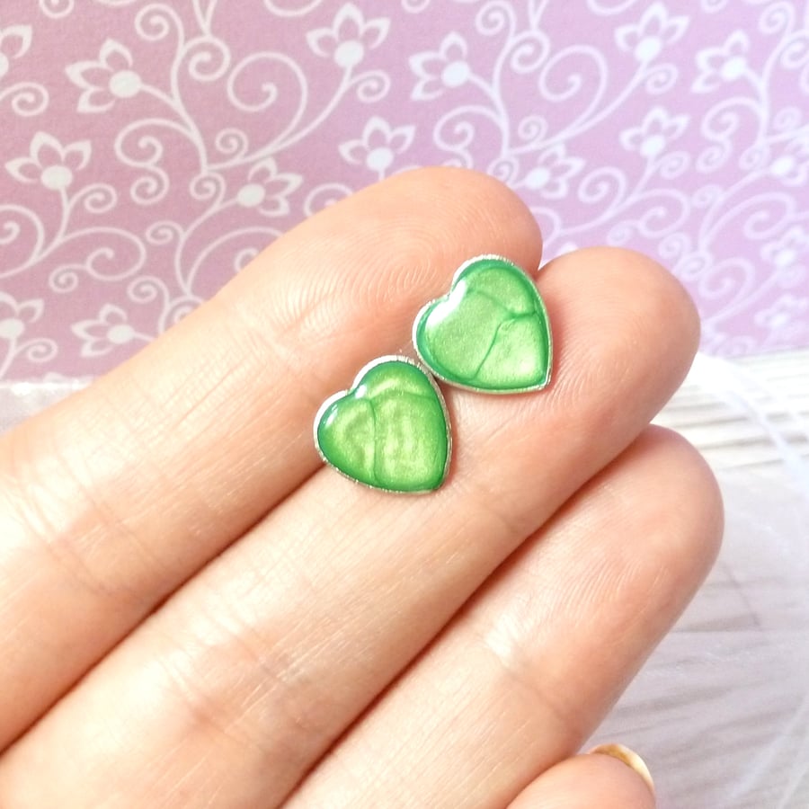 Dainty bright green Heart Studs, enamel and steel heart-shaped stud earrings