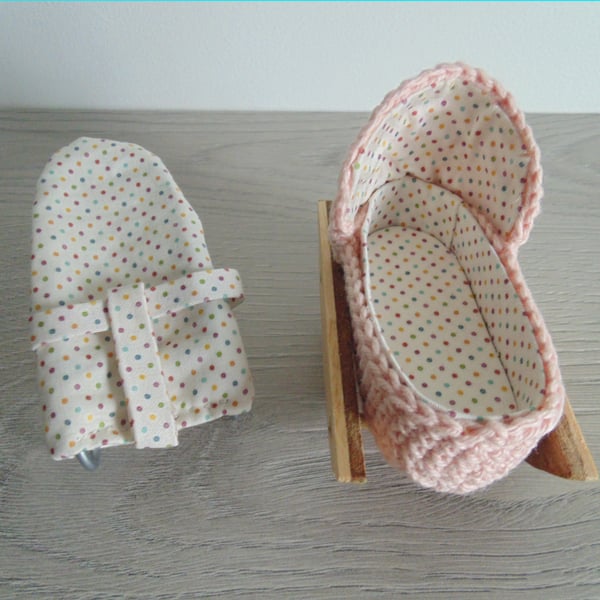 Handmade miniature moses basket and bouncer chair