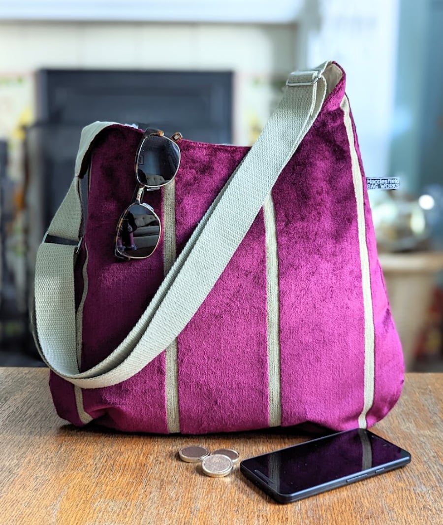Striped Raspberry Chenille and Silk Lined Hobo Bag