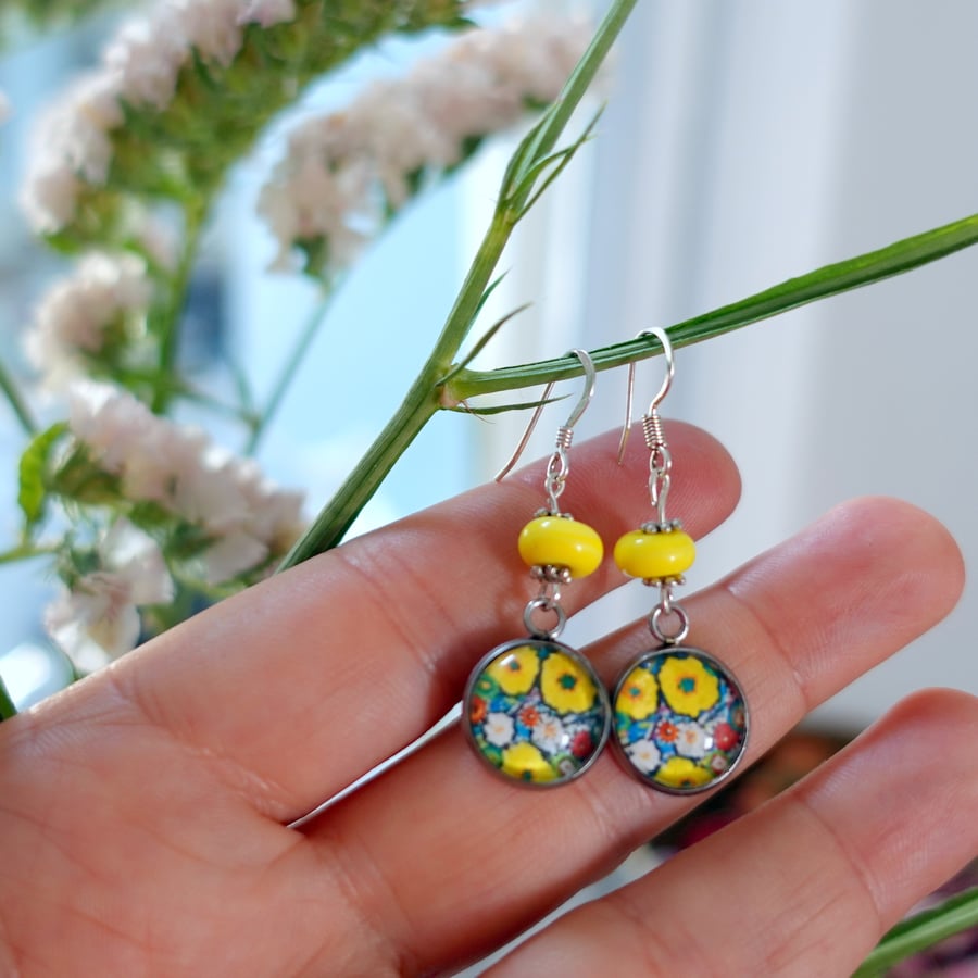 Yellow Meadow Wildflowers Dangle Earrings with Flower Art and Lampwork Beads