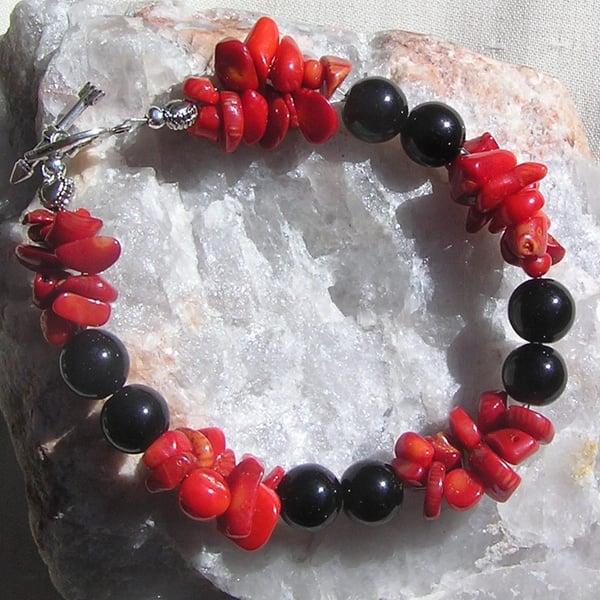 SALE Black Onyx & Red Coral Gemstone Bracelet "Scarlette Noir" - Sale Price