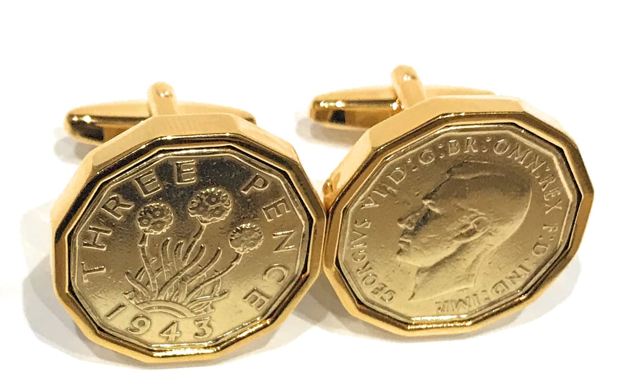 1943 Threepence 3d 82nd birthday Cufflinks - Original 1943 threepence cufflinks
