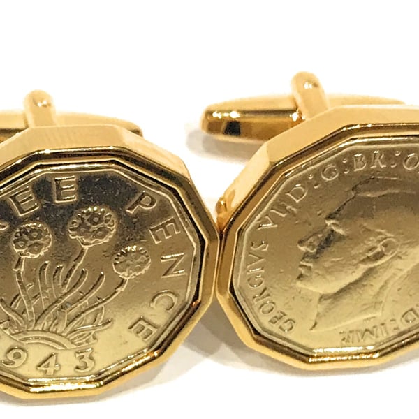 1943 Threepence 3d 82nd birthday Cufflinks - Original 1943 threepence cufflinks