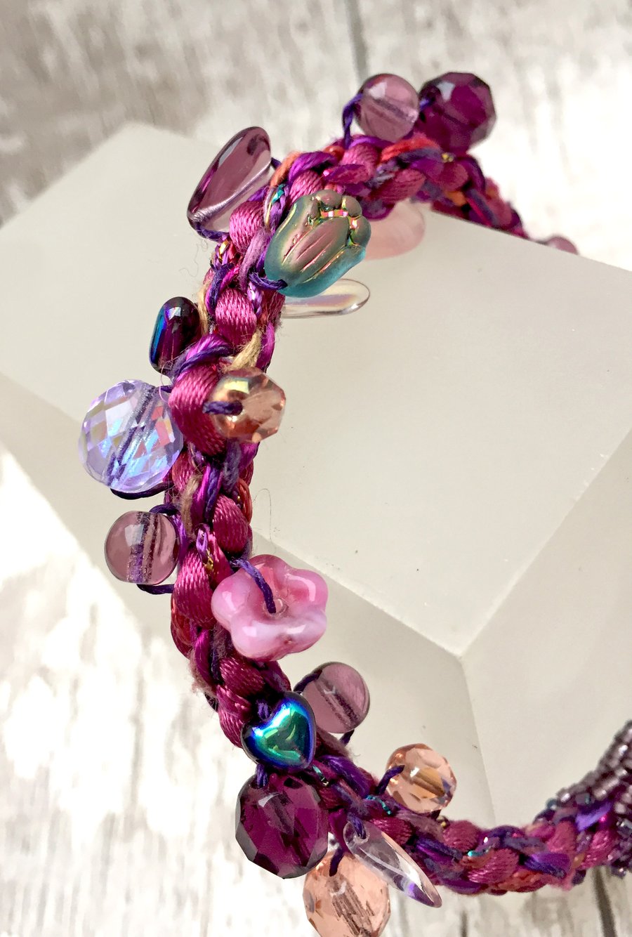 Pink & Purple flower & beads Kumihimo hand braided bracelet