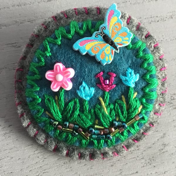 Hand Embroidered Garden Brooch