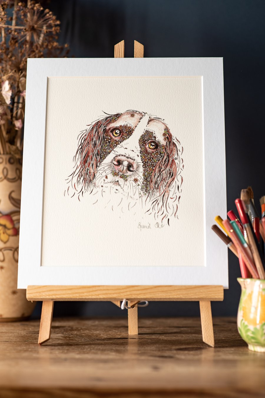 Spaniel Art Print  10 x 12” mounted, signed and ready to frame 