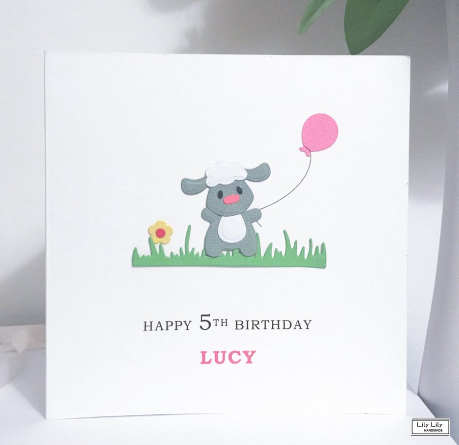Personalised birthday card, Name and Age card, Little Lamb with Pink balloon