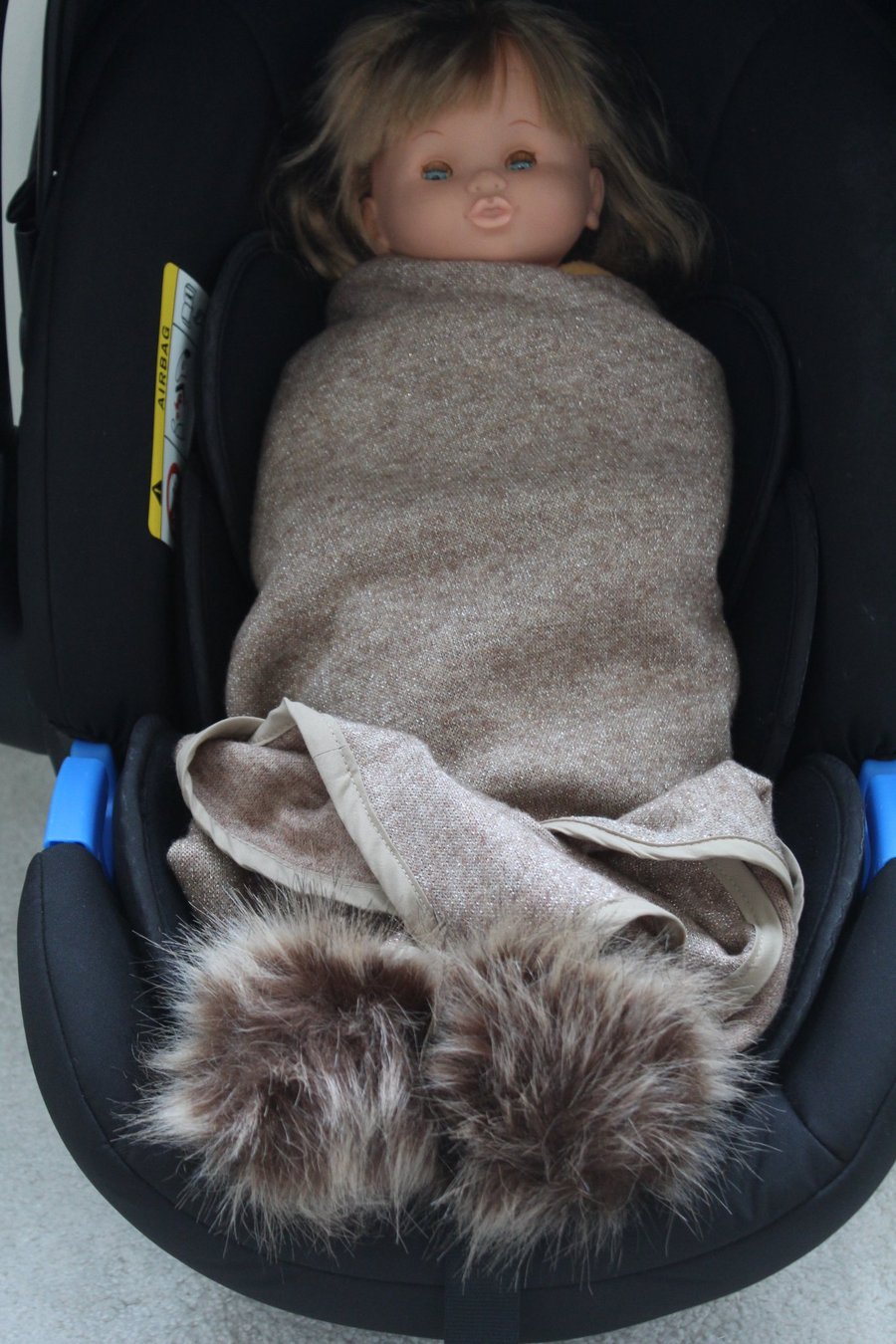Handmade Sparkle Jersey Baby Shawl – Fawn with Faux Fur Pom Poms (110 cm)   