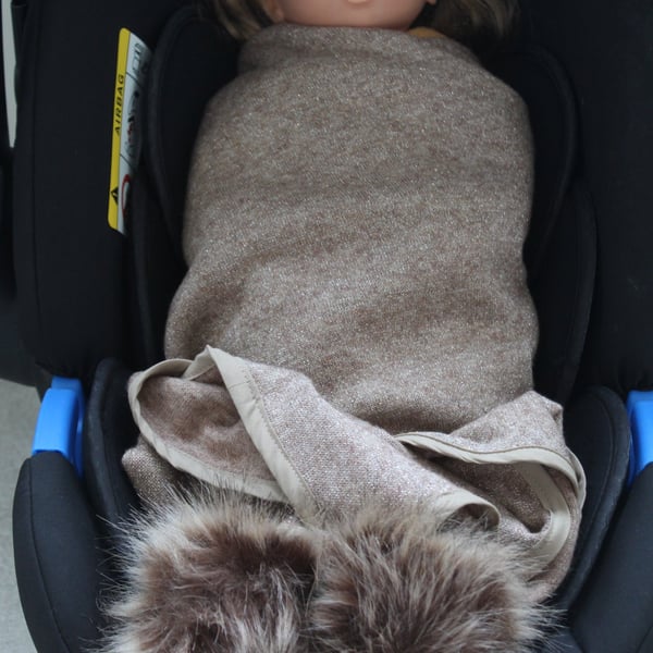 Handmade Sparkle Jersey Baby Shawl – Fawn with Faux Fur Pom Poms (110 cm)   