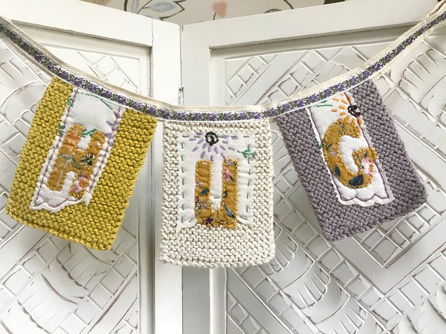 Send a Hug banner wall decor, Hand made fabric and knitted sign, Mothers Day 