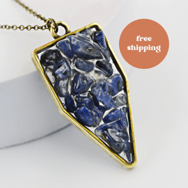 Sodalite Brass plated Arrowhead Worry Stone Necklace - Free Postage