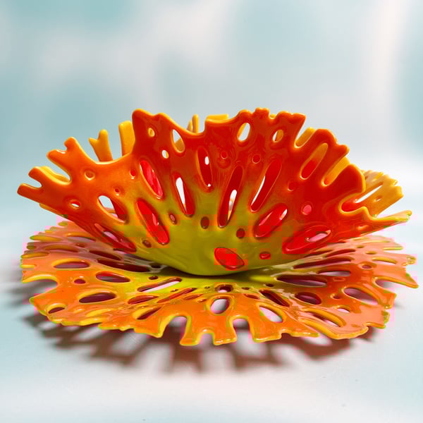 Fused Glass Coral Sculptural Duo-Red-Orange-Yellow-Green