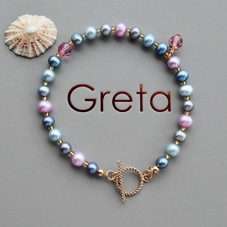 Blue Aqua and Lilac Pearl Bracelet with Crystal - 14k Gold Filled Toggle Clasp