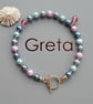 Blue Aqua and Lilac Pearl Bracelet with Crystal - 14k Gold Filled Toggle Clasp