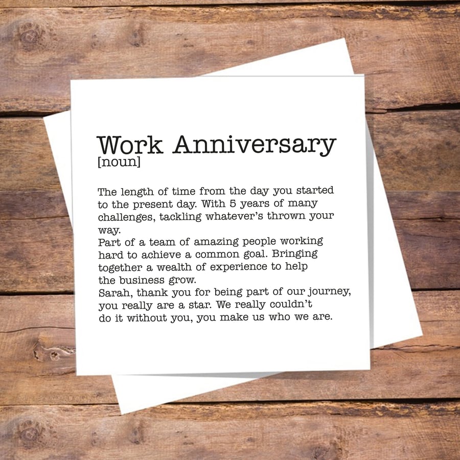 Work Anniversary Personalised Definition Card. Blank inside. Free delivery