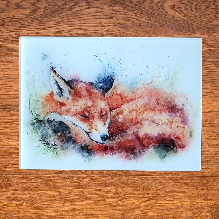 Sleeping Fox Watercolour Glass Placemat, Wildlife Table Mat, 20x28cm, Glass Triv