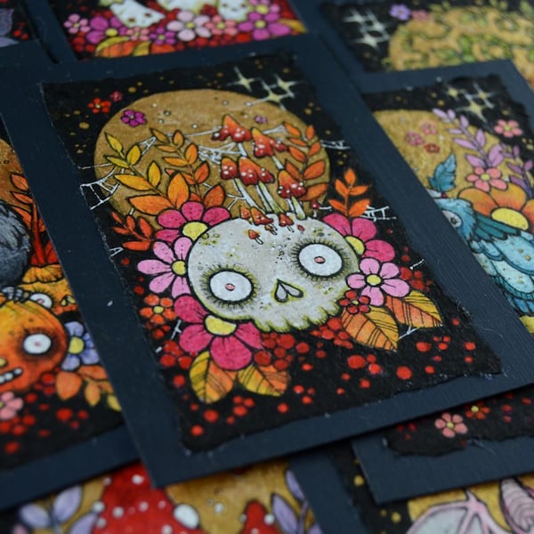 sweet autumn skull - original aceo illustration