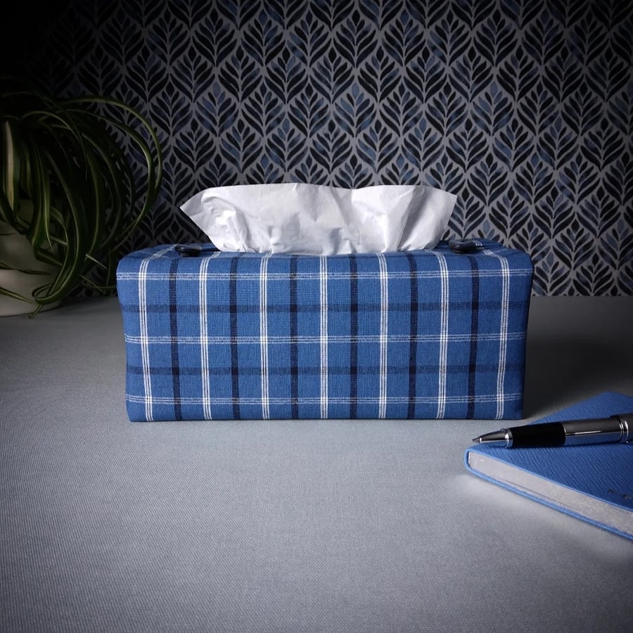Rectangle Tissue Box Cover - Black, White, and Blue Plaid