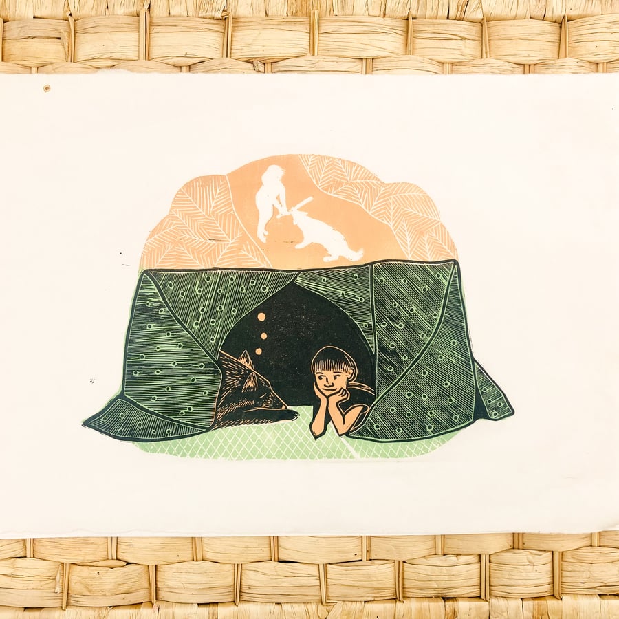 Perfectly imperfect, dog and child print, dog and child lino print, 