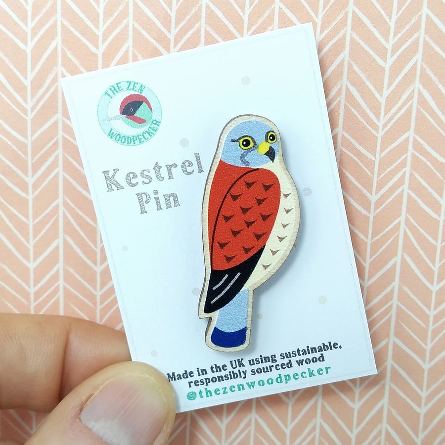 Kestrel Pin Badge, Wooden Bird Brooch