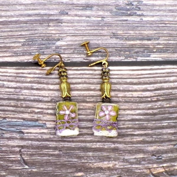 Handcrafted Retro Vintage Dangle Earrings Lace Wrapped Floral Ceramic Beads