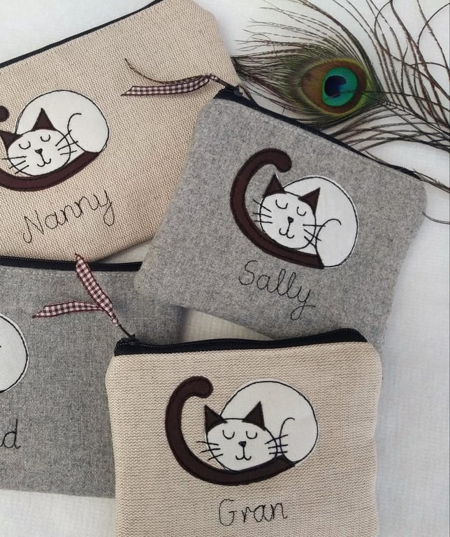 Personalised Cat Coin Purse - Sleeping Cat Wallet or Card Pouch Siamese 