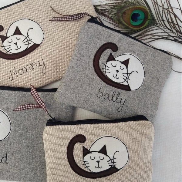Personalised Cat Coin Purse - Sleeping Cat Wallet or Card Pouch Siamese 
