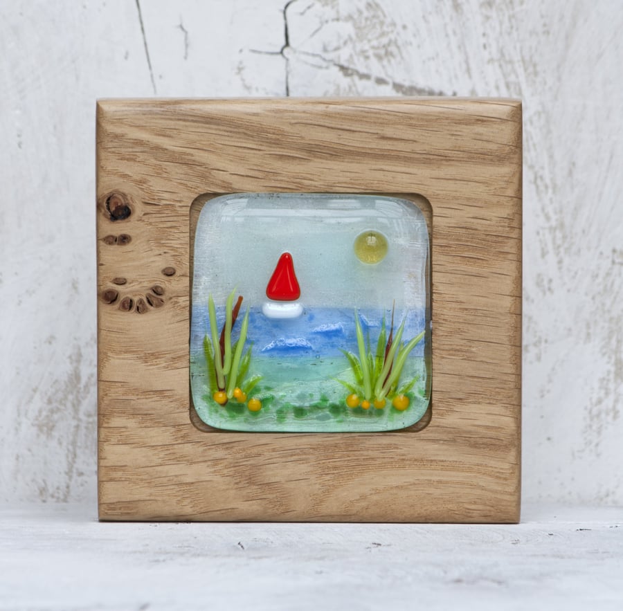 Sea Scene and Sail Boat Fused Glass Picture set in a Handmade Oak Block Frame