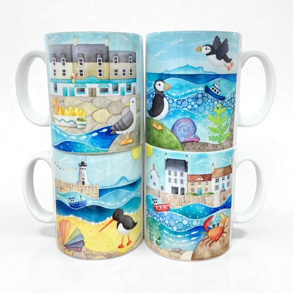 Set of 4 Seaside Mugs - Puffin, Seagull, Crab - Nautical Coastal Kitchen Decor