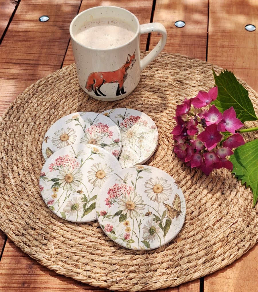Set of 4 Round Floral Meadow Clay Coasters 