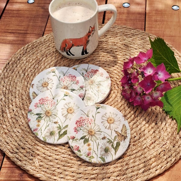 Set of 4 Round Floral Meadow Clay Coasters 