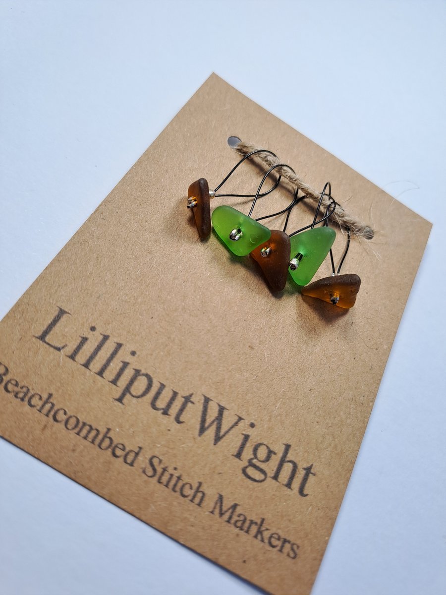 Five brown and green sea glass stitch markers