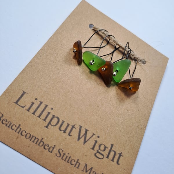 Five brown and green sea glass stitch markers