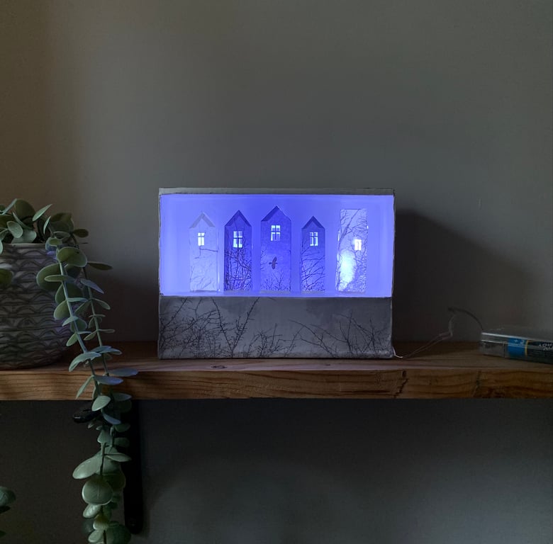 Tiny Light Up Paper City, Forest Art Sculpture Lamp, Bookshelf Diorama