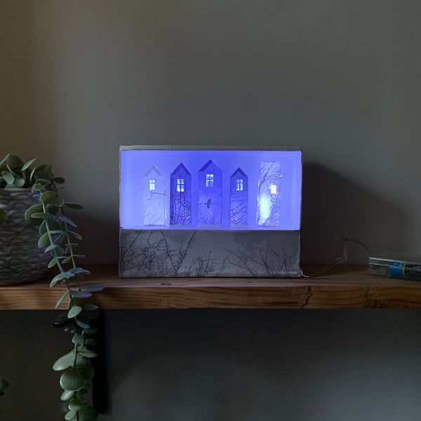 Tiny Light Up Paper City, Forest Art Sculpture Lamp, Bookshelf Diorama