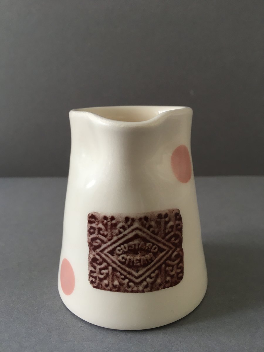 Custard Cream biscuit. Milk Jug. Pourer. Pink polka dot jug. Cream jug.