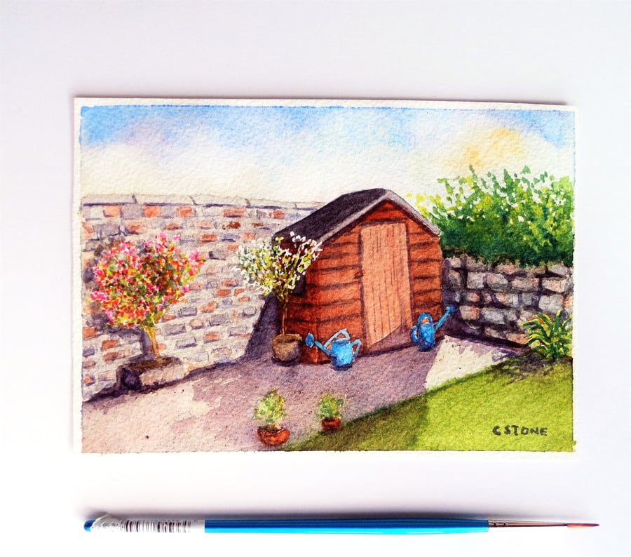 Small original watercolour painting, garden shed 7" x 5" (18 x 13 cm)