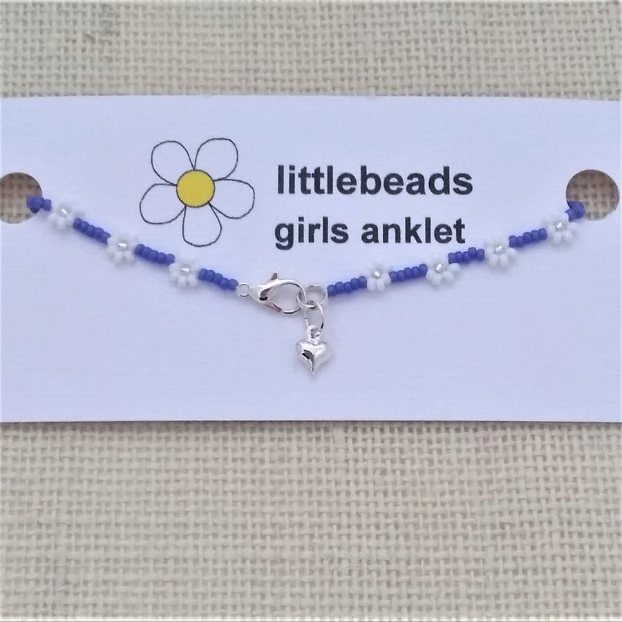 Purple and White Daisy Beaded Anklet